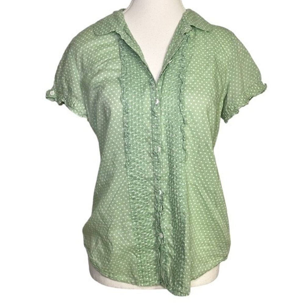 American Eagle Vintage Y2K Green & White Polka Dot Short Sleeve Button Down Top